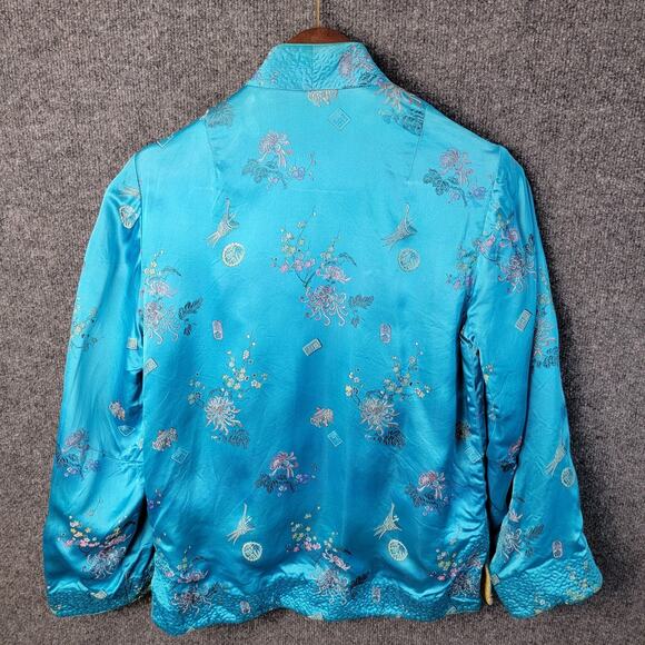 Vtg Peony Chinese Silk-Like Jacket Womens Small Blue Embroidered Mandarin Collar - Picture 6 of 12